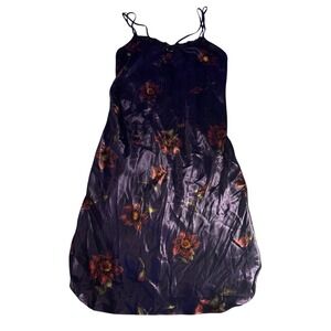 Delicates Women Purple Floral Satin Lace Trim Nightgown Slip Dress